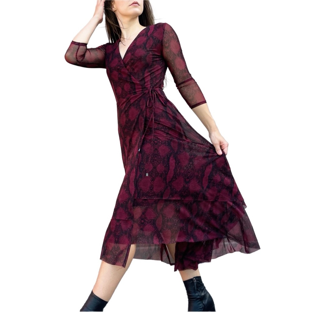 White House Black Market Red Snakeskin Printed Mesh Midi Wrap Dress 2